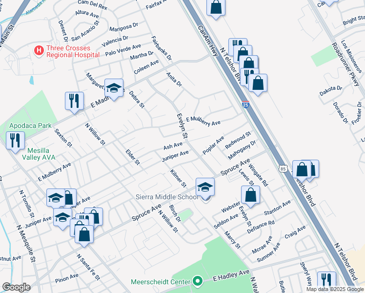 map of restaurants, bars, coffee shops, grocery stores, and more near 1832 Ash Avenue in Las Cruces