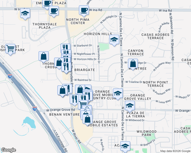 map of restaurants, bars, coffee shops, grocery stores, and more near 6624 North Galaxy Road in Tucson