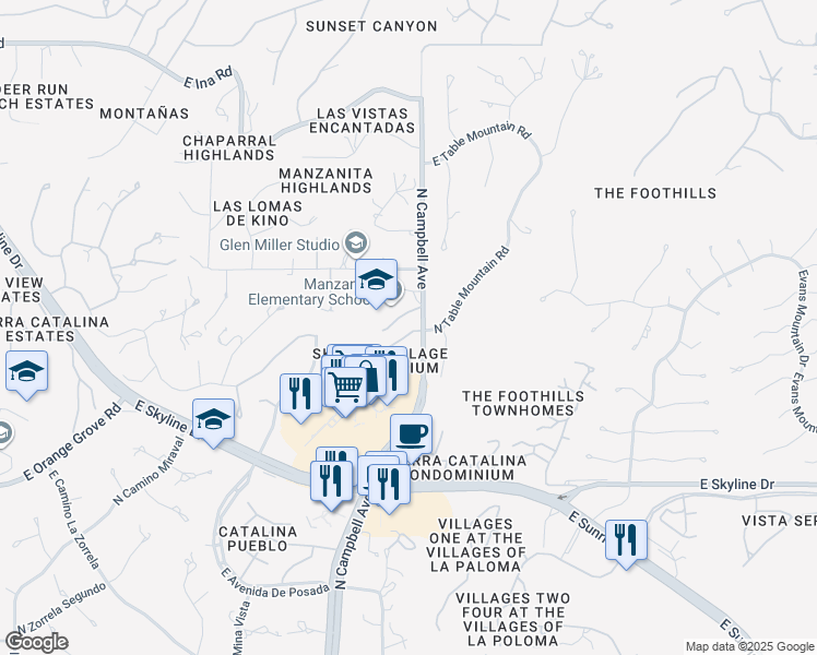 map of restaurants, bars, coffee shops, grocery stores, and more near 6651 North Campbell Avenue in Tucson