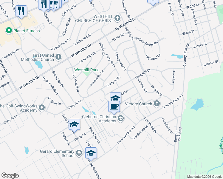 map of restaurants, bars, coffee shops, grocery stores, and more near 1306 Hemphill Drive in Cleburne