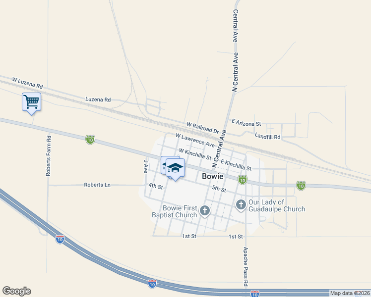 map of restaurants, bars, coffee shops, grocery stores, and more near 310 West Kinchilla Street in Bowie
