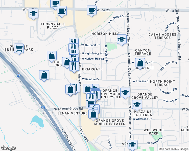 map of restaurants, bars, coffee shops, grocery stores, and more near 3657 West Brambly Drive in Tucson