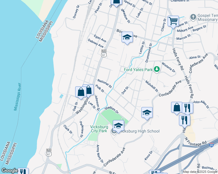 map of restaurants, bars, coffee shops, grocery stores, and more near 894 National Street in Vicksburg