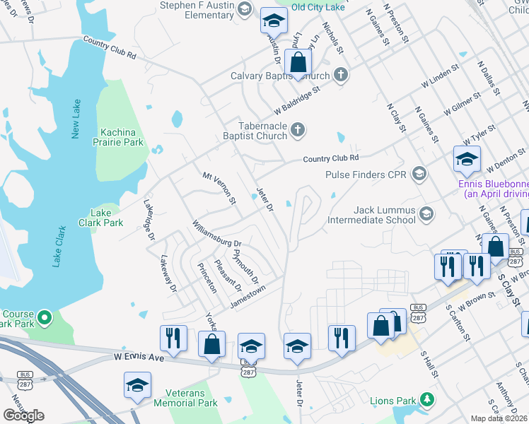 map of restaurants, bars, coffee shops, grocery stores, and more near 906 Royse Ridge Road in Ennis