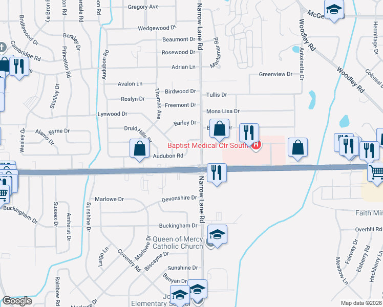 map of restaurants, bars, coffee shops, grocery stores, and more near 1426 Audubon Road in Montgomery