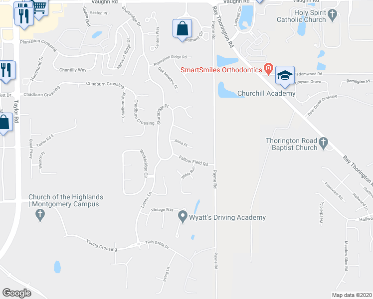 map of restaurants, bars, coffee shops, grocery stores, and more near 8628 Anna Place in Montgomery