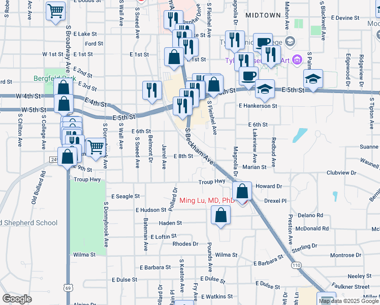 map of restaurants, bars, coffee shops, grocery stores, and more near 920 East 8th Street in Tyler