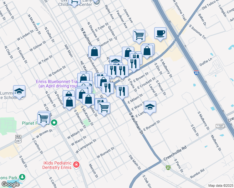 map of restaurants, bars, coffee shops, grocery stores, and more near 201 South Kaufman Street in Ennis