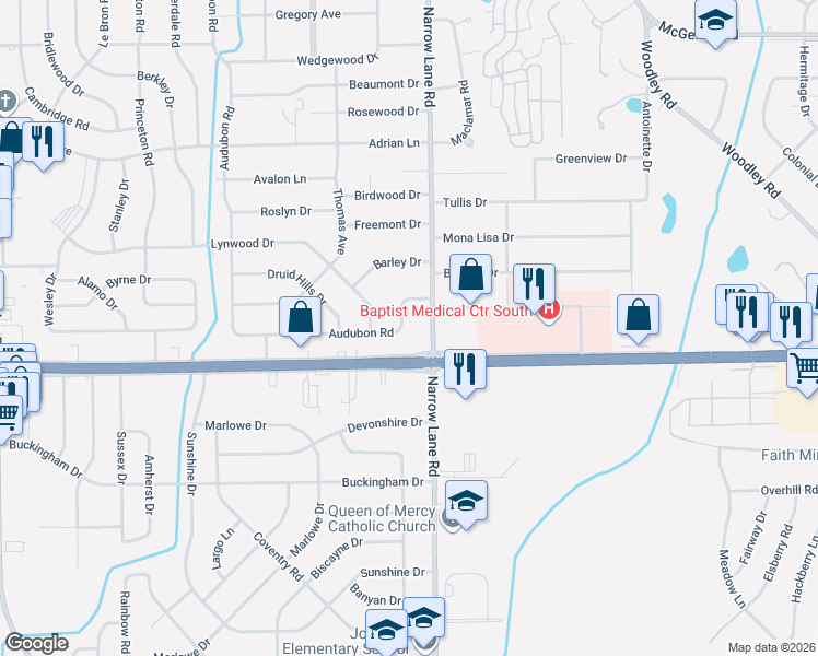 map of restaurants, bars, coffee shops, grocery stores, and more near 1426 Audubon Road in Montgomery