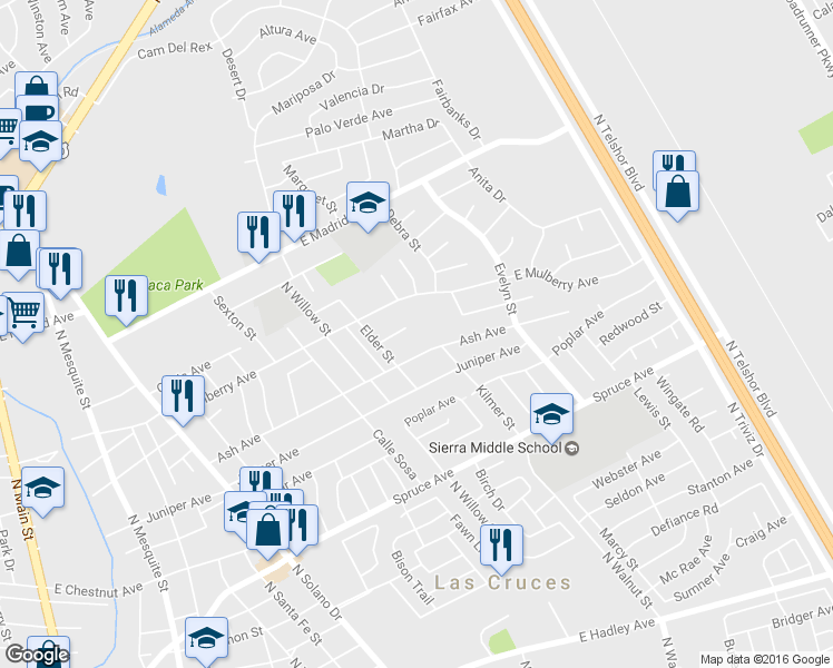 map of restaurants, bars, coffee shops, grocery stores, and more near 1698 Ebony Avenue in Las Cruces