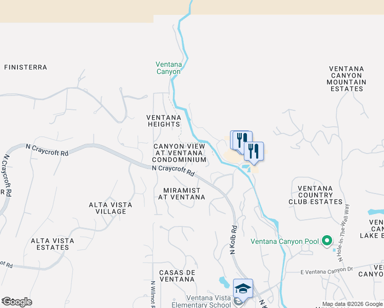 map of restaurants, bars, coffee shops, grocery stores, and more near 6655 North Canyon Crest Drive in Tucson