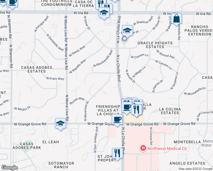 map of restaurants, bars, coffee shops, grocery stores, and more near 6665 North Montrose Drive in Tucson