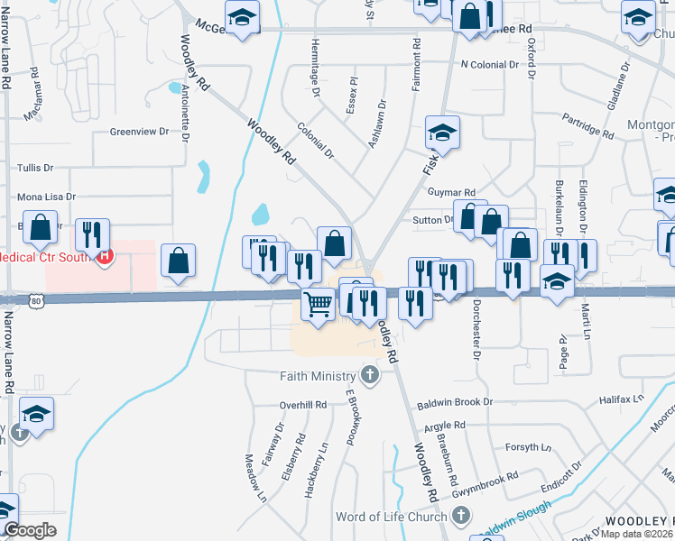 map of restaurants, bars, coffee shops, grocery stores, and more near 2281 East South Boulevard in Montgomery