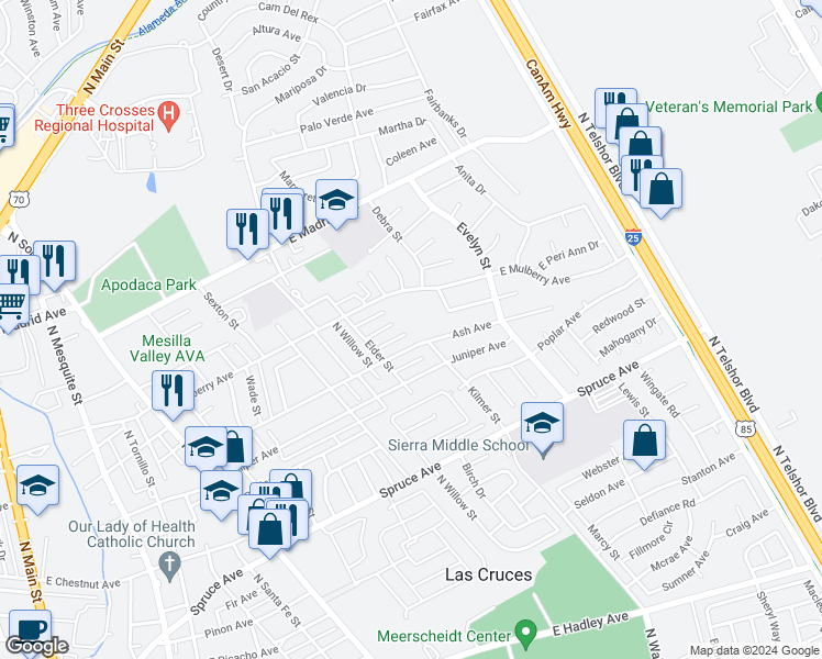 map of restaurants, bars, coffee shops, grocery stores, and more near 1634 East Mulberry Avenue in Las Cruces
