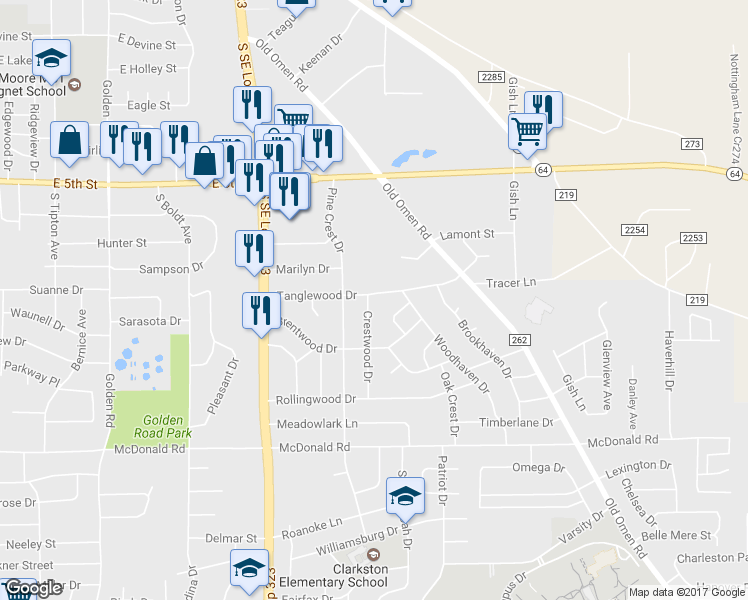 map of restaurants, bars, coffee shops, grocery stores, and more near 2931 Tanglewood Drive in Tyler