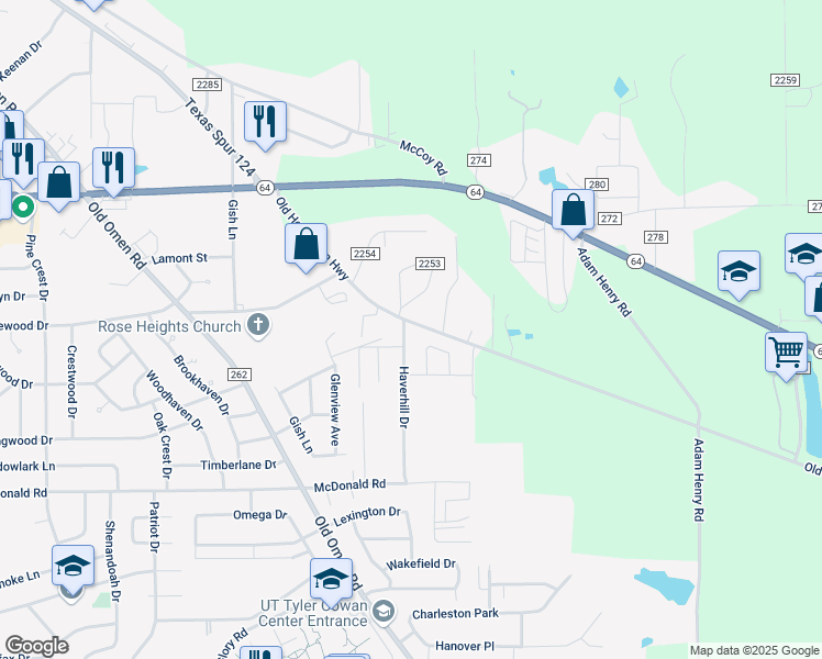 map of restaurants, bars, coffee shops, grocery stores, and more near 2112 Haverhill Drive in Tyler