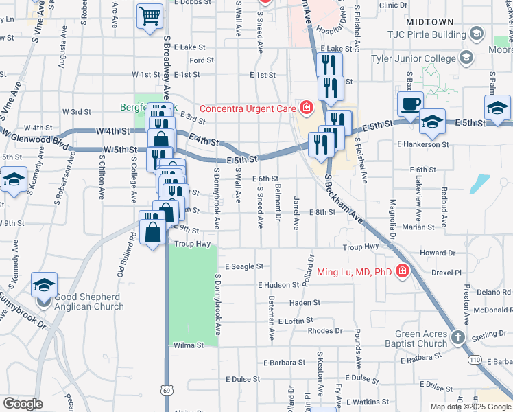 map of restaurants, bars, coffee shops, grocery stores, and more near 1929 South Sneed Avenue in Tyler