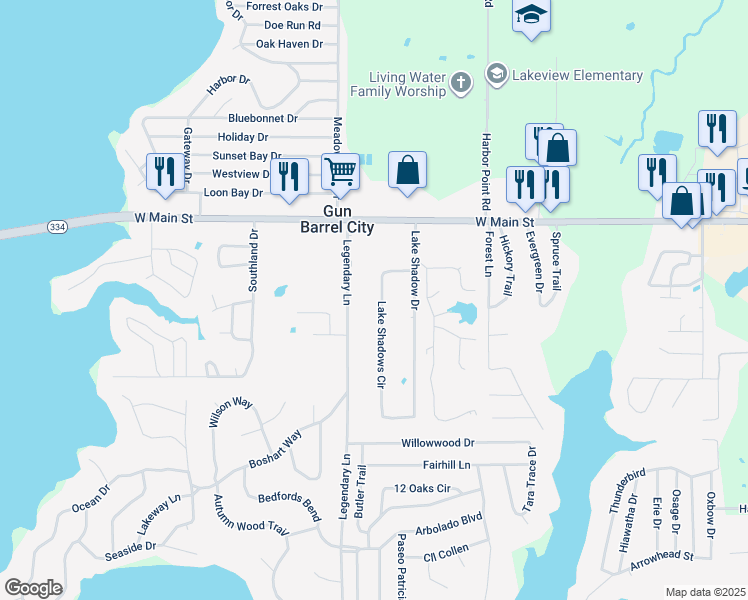 map of restaurants, bars, coffee shops, grocery stores, and more near 124 Lake Shadows Circle in Gun Barrel City