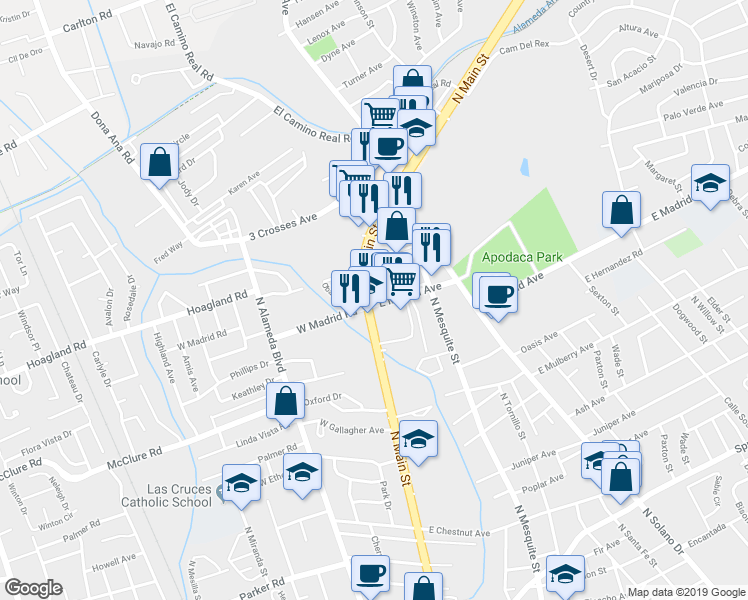 map of restaurants, bars, coffee shops, grocery stores, and more near 2200 N Main St in Las Cruces