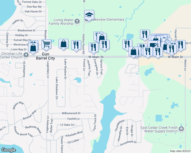 map of restaurants, bars, coffee shops, grocery stores, and more near 140 Evergreen Drive in Gun Barrel City