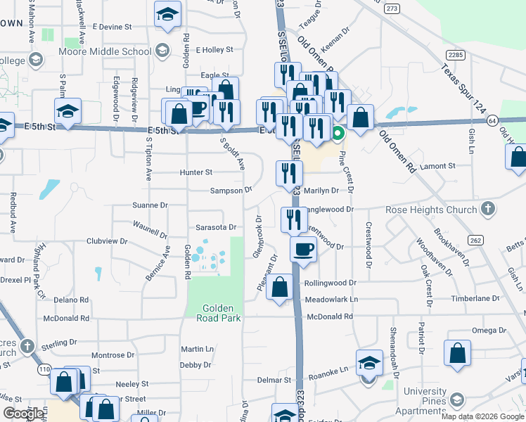 map of restaurants, bars, coffee shops, grocery stores, and more near 2006 Glenbrook Drive in Tyler