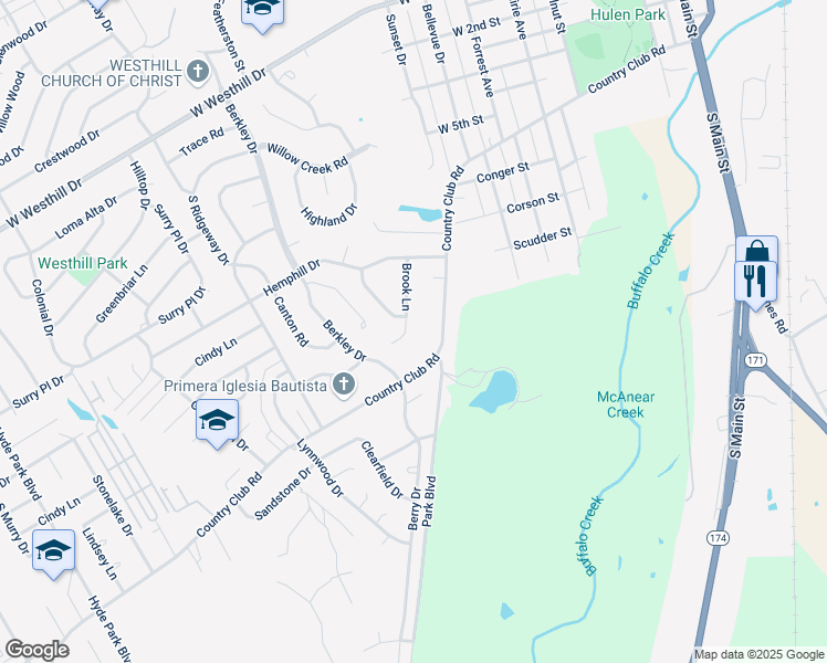 map of restaurants, bars, coffee shops, grocery stores, and more near 1203 Brook Ln in Cleburne