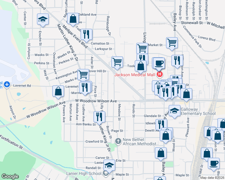 map of restaurants, bars, coffee shops, grocery stores, and more near 2902-2998 Holmes Ave in Jackson