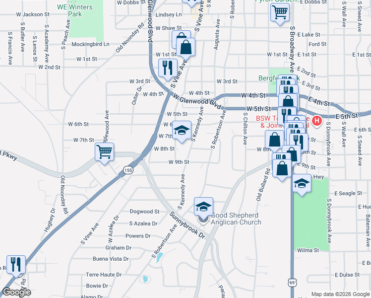 map of restaurants, bars, coffee shops, grocery stores, and more near 2010 South Talley Avenue in Tyler