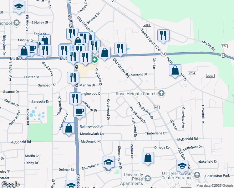 map of restaurants, bars, coffee shops, grocery stores, and more near 3009 Tanglewood Drive in Tyler