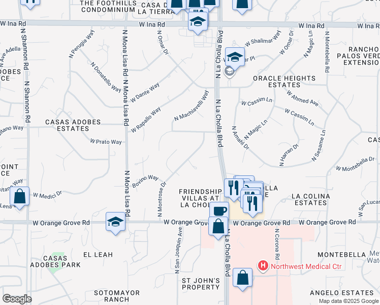map of restaurants, bars, coffee shops, grocery stores, and more near 6665 North Montrose Drive in Tucson