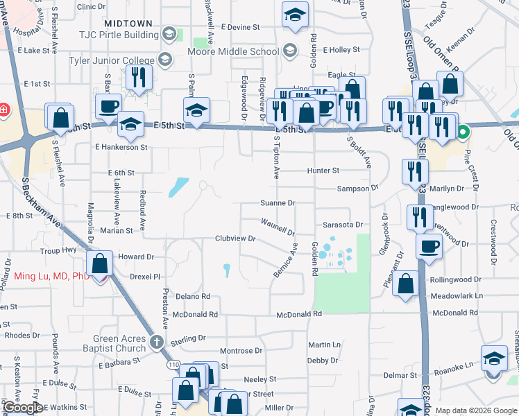 map of restaurants, bars, coffee shops, grocery stores, and more near 2015 Suanne Drive in Tyler
