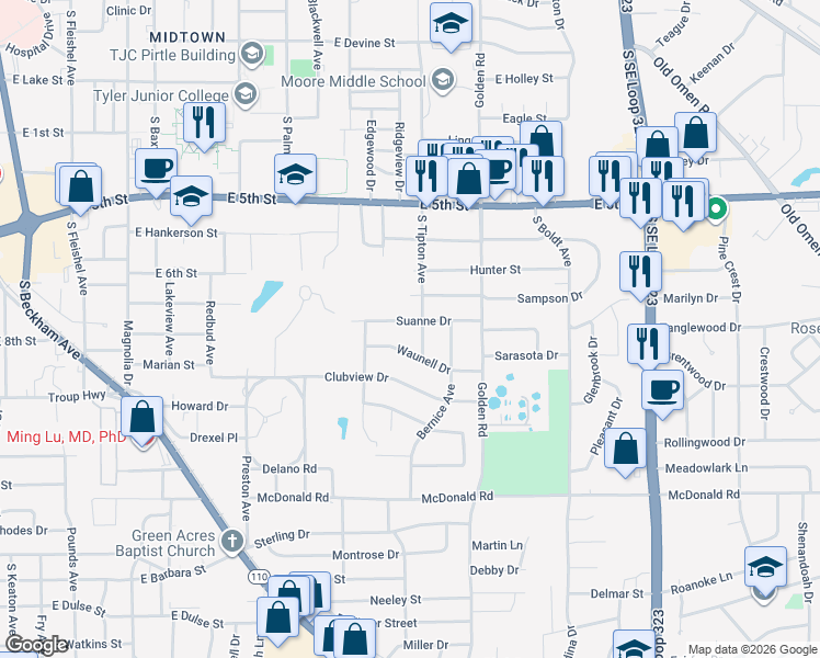 map of restaurants, bars, coffee shops, grocery stores, and more near 2015 Suanne Drive in Tyler