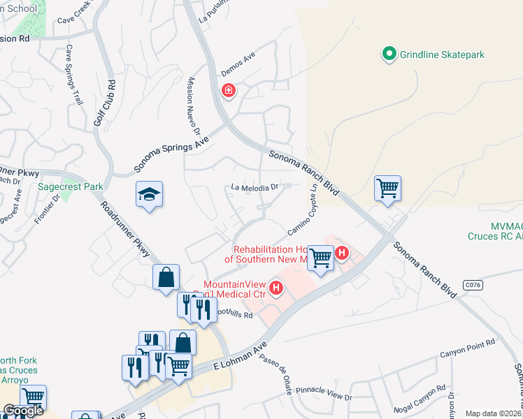 map of restaurants, bars, coffee shops, grocery stores, and more near 521 La Camelia Drive in Las Cruces