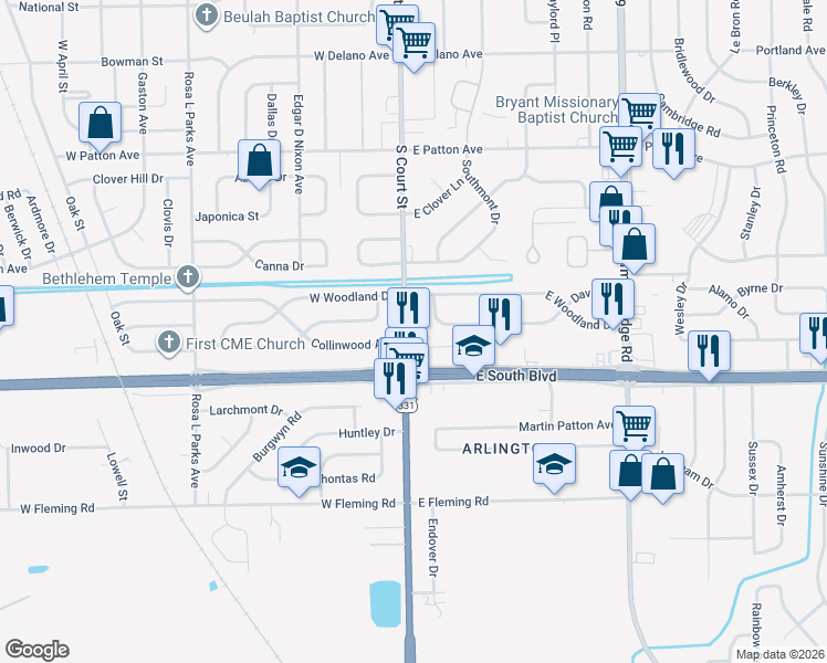 map of restaurants, bars, coffee shops, grocery stores, and more near 4247 South Court Street in Montgomery
