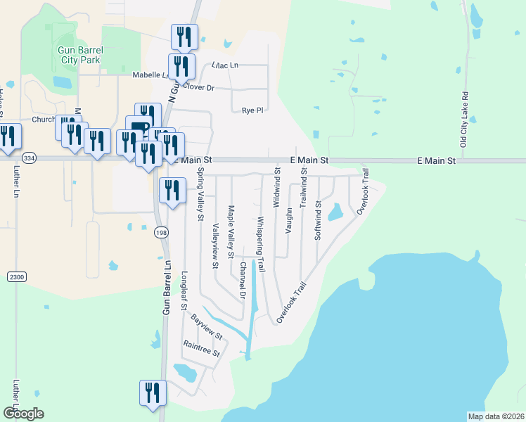 map of restaurants, bars, coffee shops, grocery stores, and more near 375 Whispering Trail in Gun Barrel City