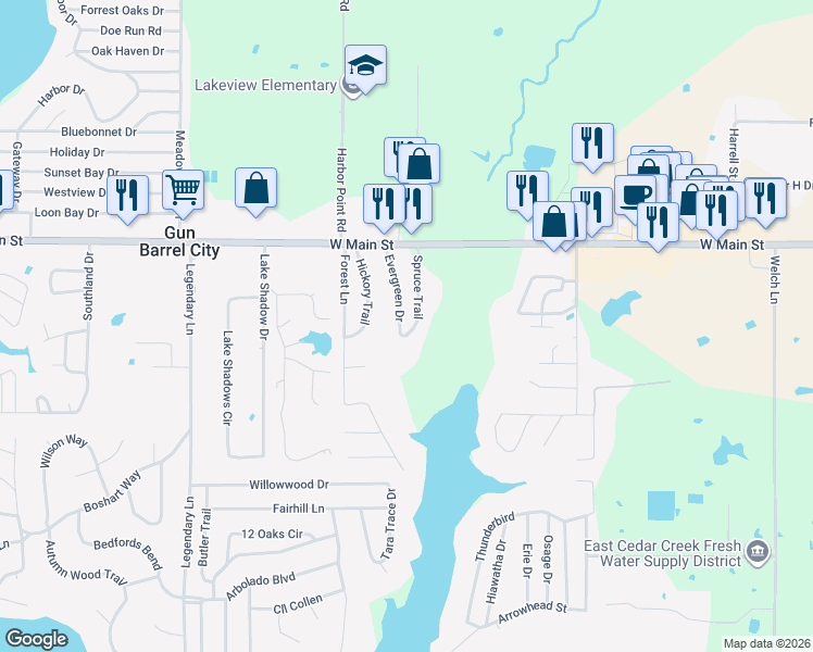 map of restaurants, bars, coffee shops, grocery stores, and more near 140 Evergreen Drive in Gun Barrel City