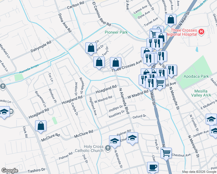map of restaurants, bars, coffee shops, grocery stores, and more near 424 Hoagland Road in Las Cruces