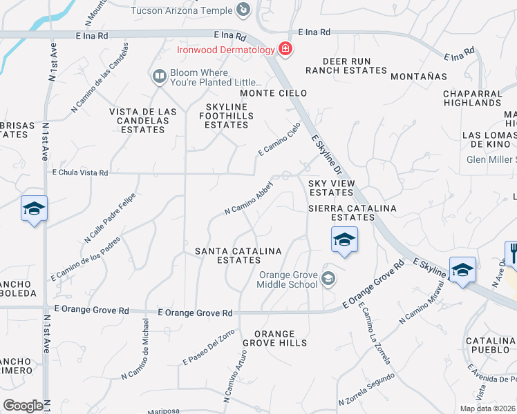 map of restaurants, bars, coffee shops, grocery stores, and more near 6742 North Camino Abbey in Tucson