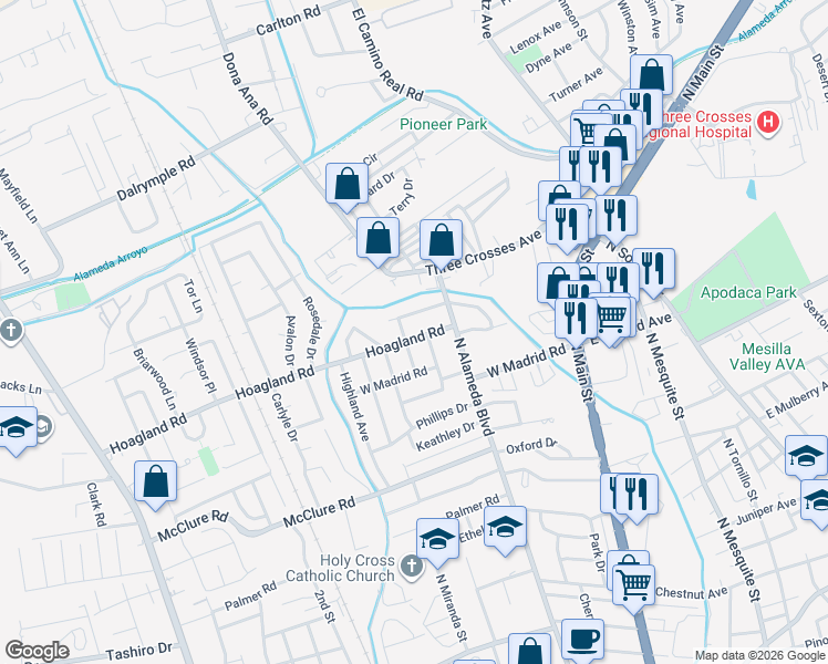 map of restaurants, bars, coffee shops, grocery stores, and more near 424 Hoagland Road in Las Cruces