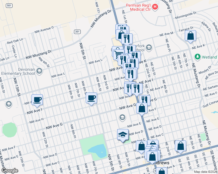 map of restaurants, bars, coffee shops, grocery stores, and more near 1004 NW 3rd St in Andrews