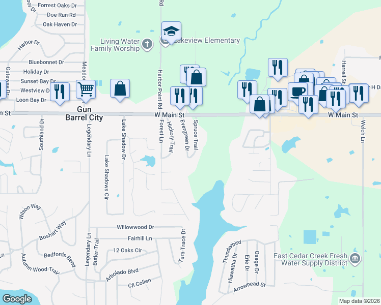 map of restaurants, bars, coffee shops, grocery stores, and more near 140 Evergreen Drive in Gun Barrel City