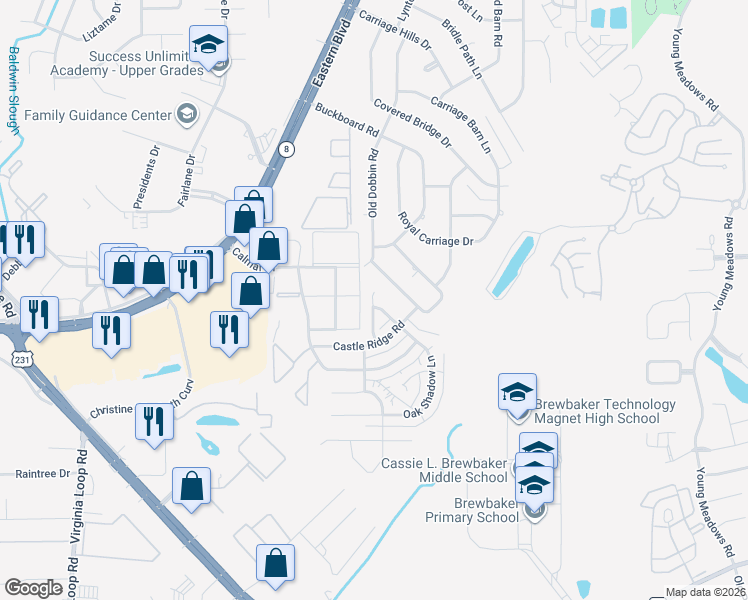 map of restaurants, bars, coffee shops, grocery stores, and more near 3417 Oak Shadow Lane in Montgomery