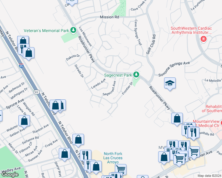 map of restaurants, bars, coffee shops, grocery stores, and more near 2151 Sagecrest Avenue in Las Cruces