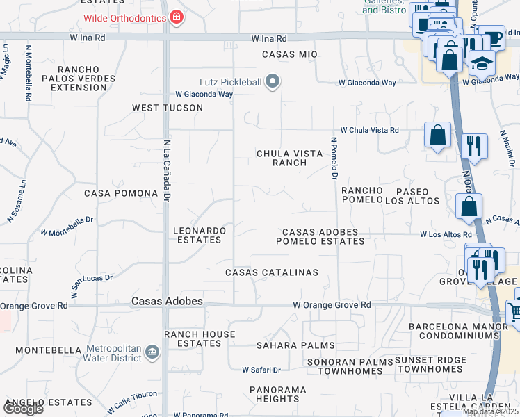 map of restaurants, bars, coffee shops, grocery stores, and more near 1125 West San Nicolas Circle in Tucson