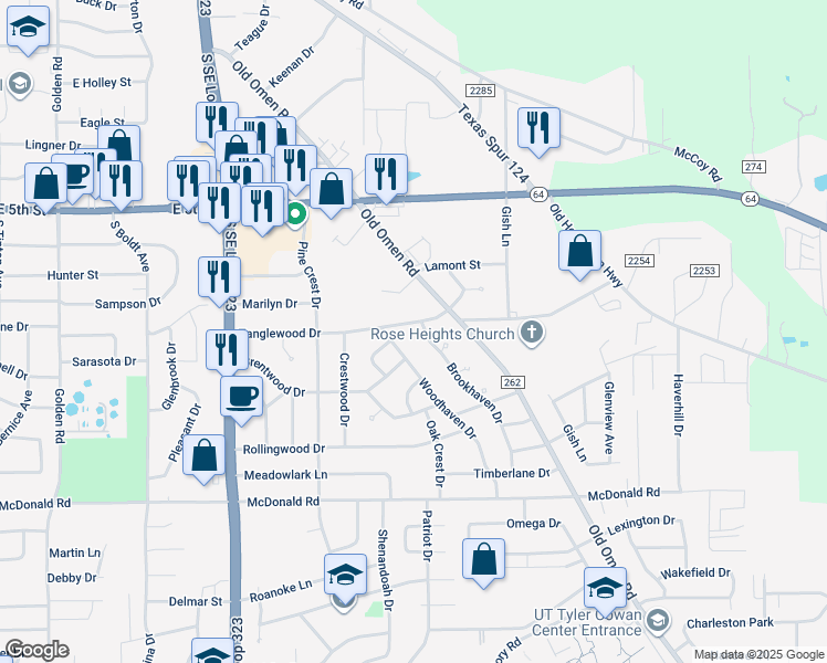 map of restaurants, bars, coffee shops, grocery stores, and more near 3031 Tanglewood Drive in Tyler