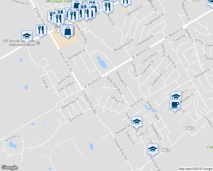 map of restaurants, bars, coffee shops, grocery stores, and more near 1508 Westhill Terrace in Cleburne