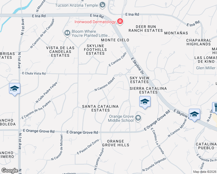 map of restaurants, bars, coffee shops, grocery stores, and more near 6742 North Camino Abbey in Tucson