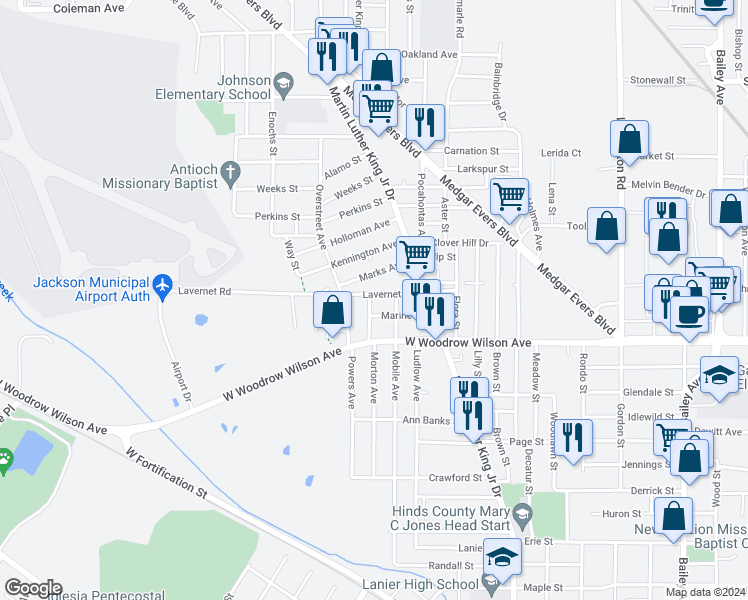 map of restaurants, bars, coffee shops, grocery stores, and more near 1106 Marine Street in Jackson