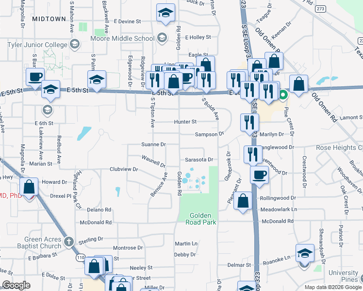 map of restaurants, bars, coffee shops, grocery stores, and more near 1918 Golden Road in Tyler