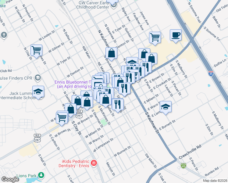 map of restaurants, bars, coffee shops, grocery stores, and more near 0 East Ennis Avenue in Ennis